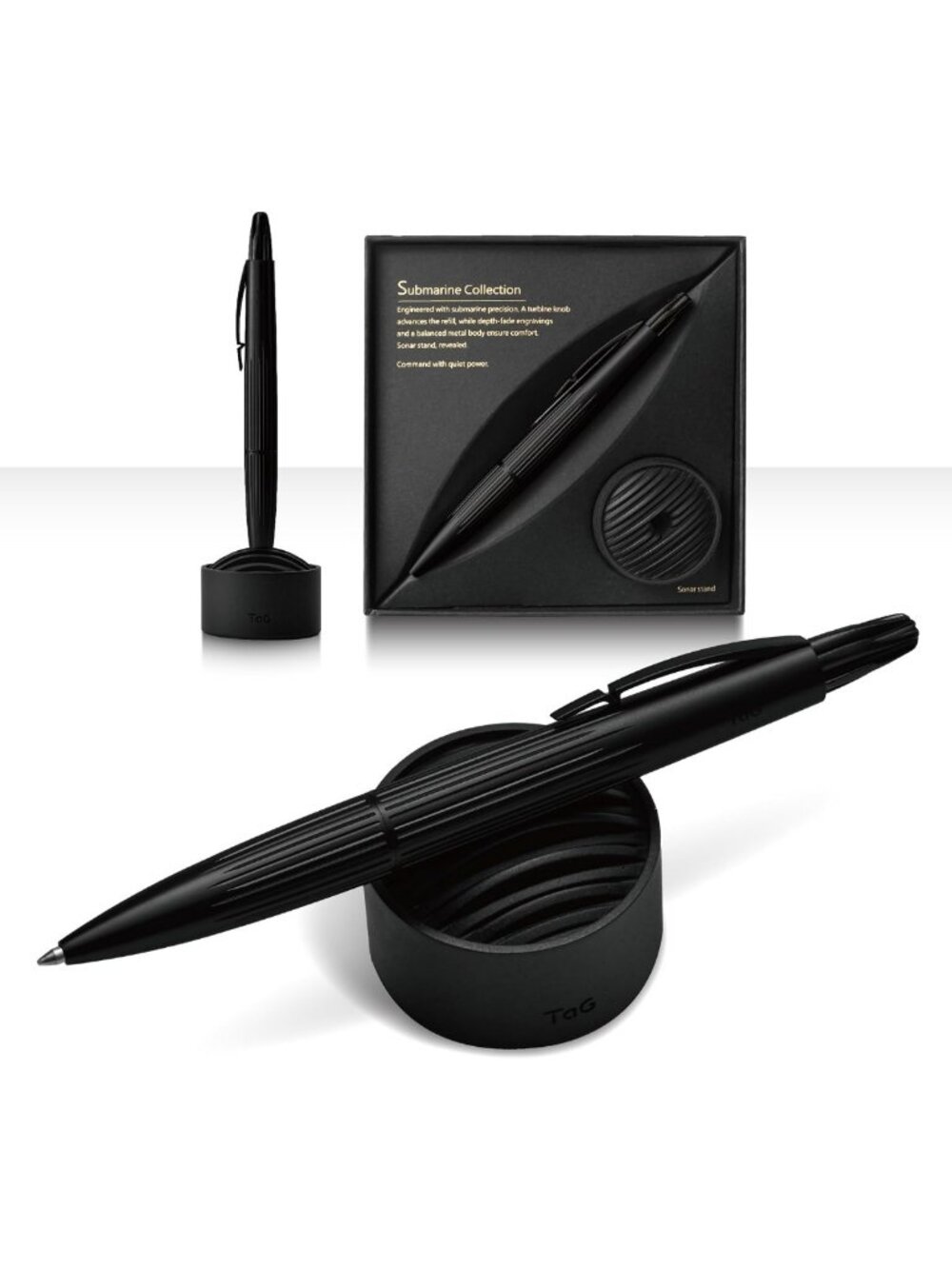 Luxury Ballpoint Pen with Sonar Stand, Turbine Twist Design, Shadow Black